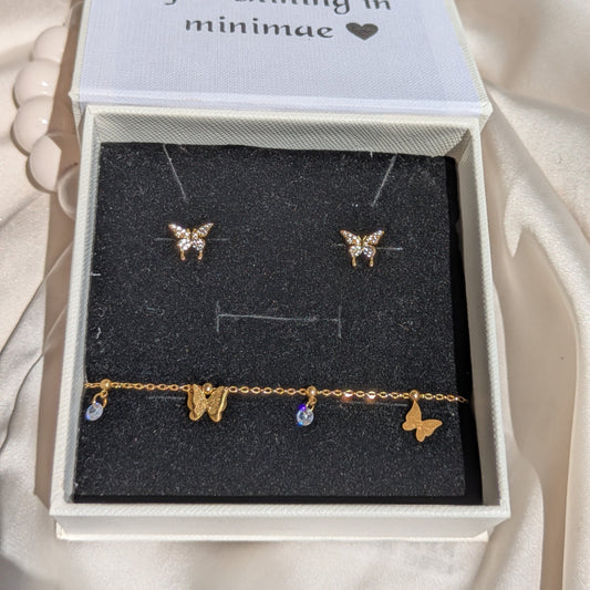 Butterfly Bliss – Stud Earring & Bracelet Set (18K Gold Plated) - minimae - Set