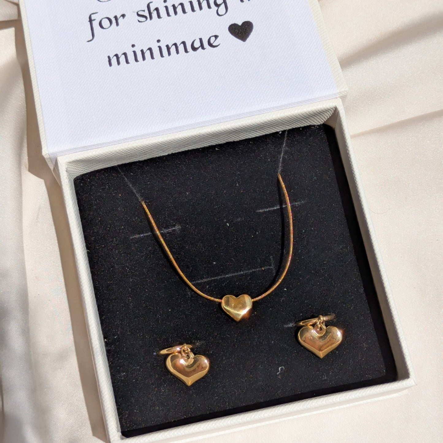 Golden Heart Necklace & Dangling Heart Hoops 18k Gold Plated - minimae -