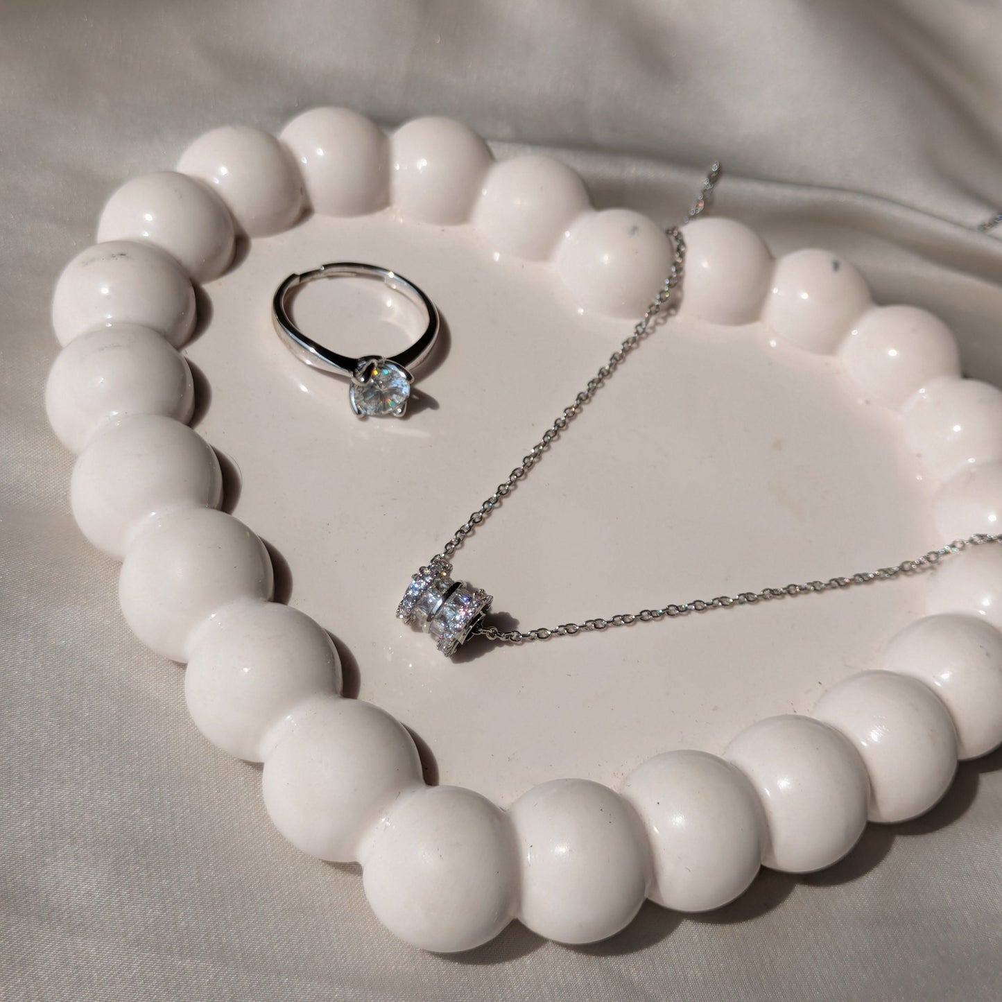 Moonlit Solitaire Adjustable Ring And Silver Barrel Necklace set - minimae - Set