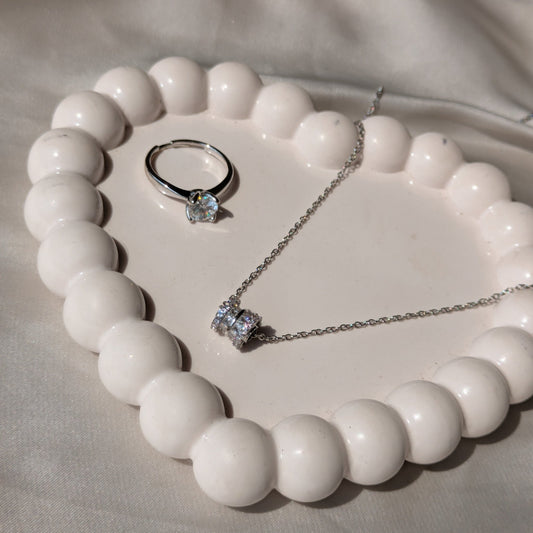 Moonlit Solitaire Adjustable Ring And Silver Barrel Necklace set - minimae - Set