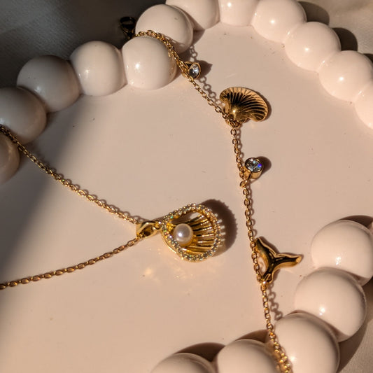 Seashell and Pearl & Sea Glint Braclet 18k Gold Plated Set - minimae - Set