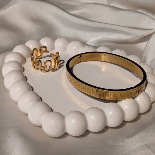 Wavy 18k Gold Plated Adjustable Ring And Sunbloom Gold Cuff Bracelet set - minimae - Set