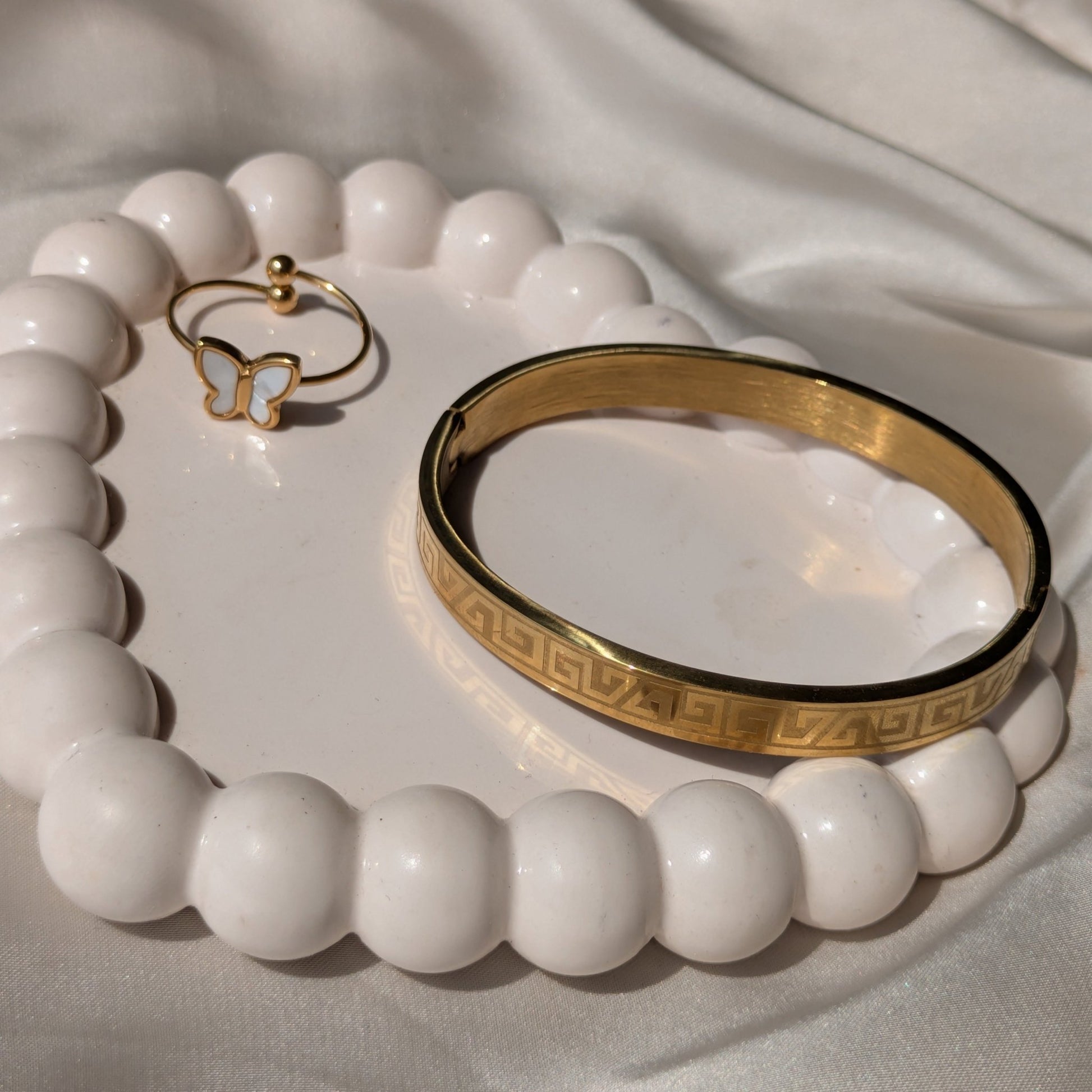 18k Plated Butterfly Adjustable Ring And Sunbloom Gold Cuff Bracelet - minimae - Set