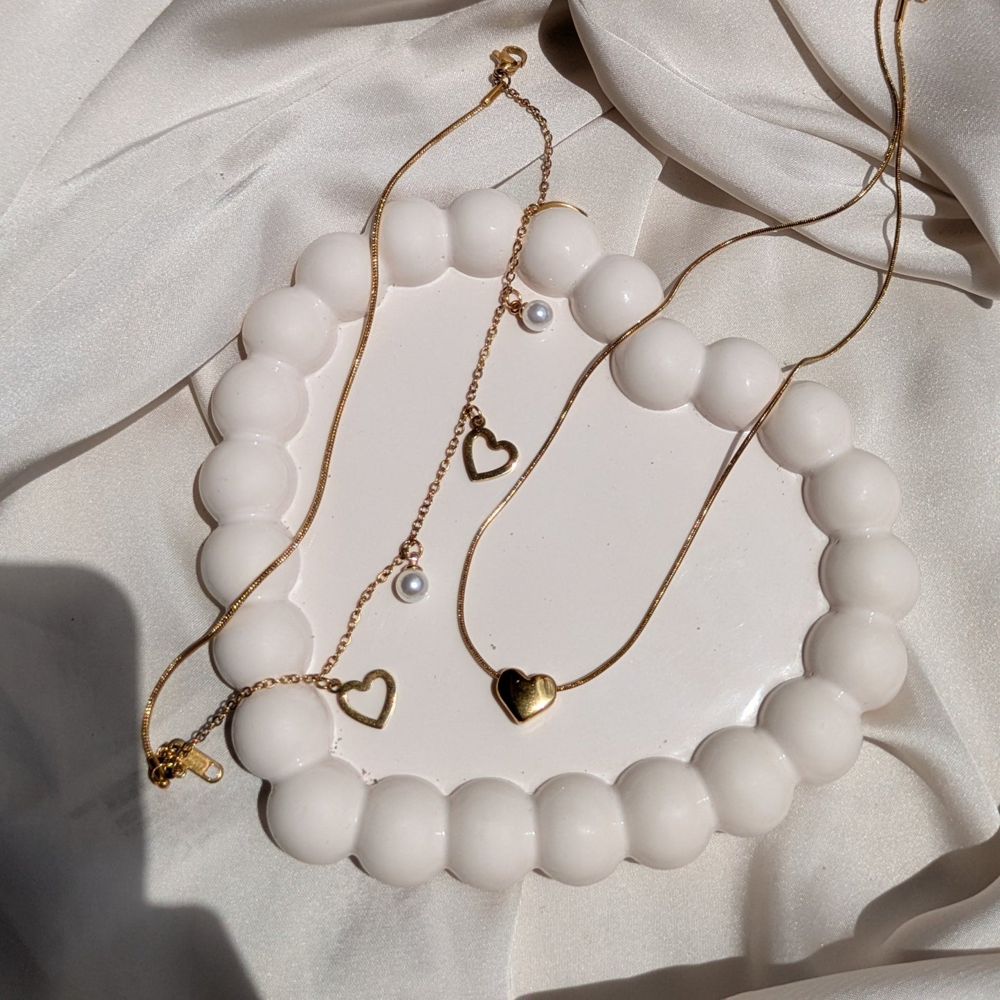 Golden Heart Necklace - Hearts & Pearls Bracelet 18k Gold Plated Set - minimae - 
