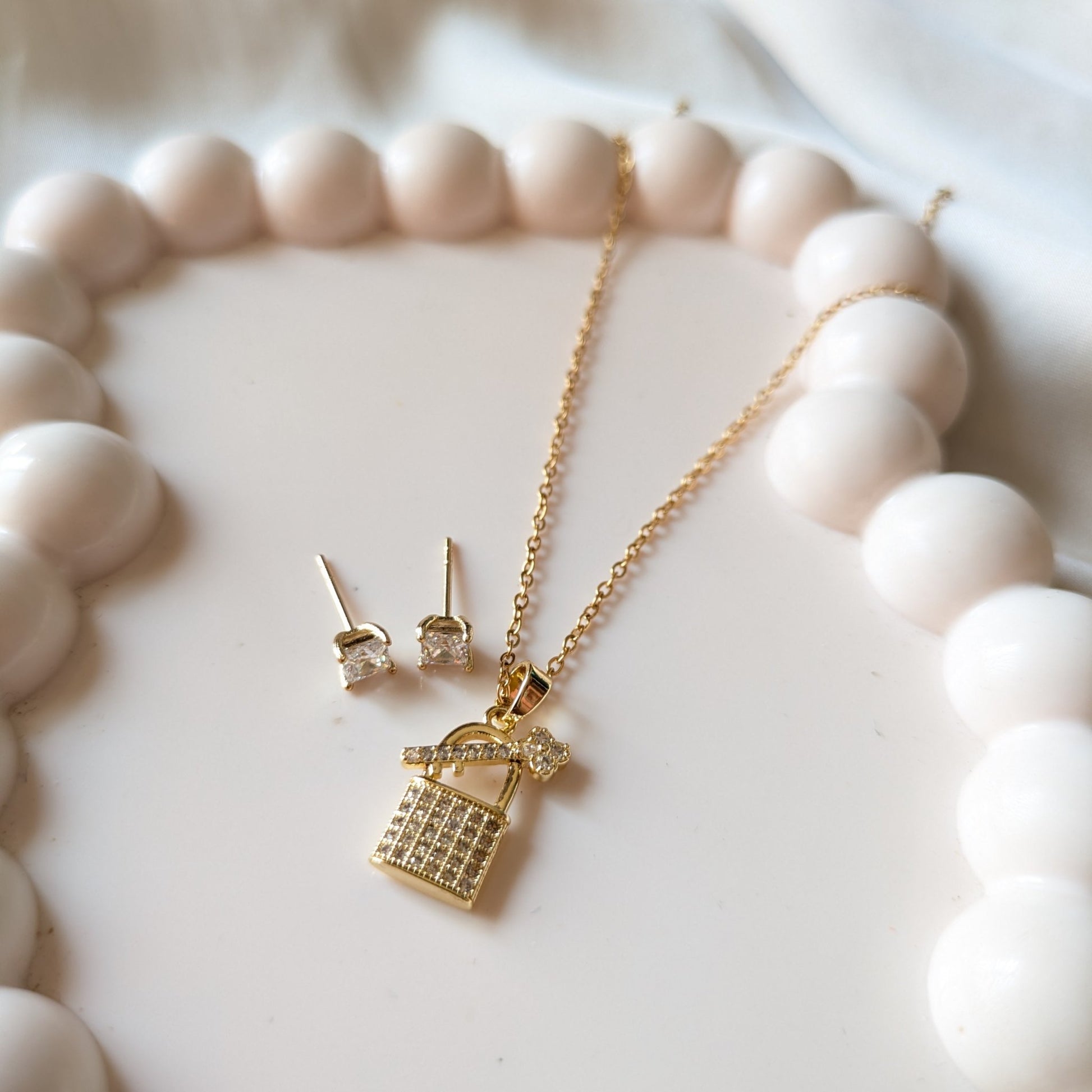 Lock & Key Necklace and Square Solitaire stud 18k plated gold set - minimae - Set