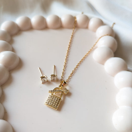 Lock & Key Necklace and Square Solitaire stud 18k plated gold set - minimae - Set