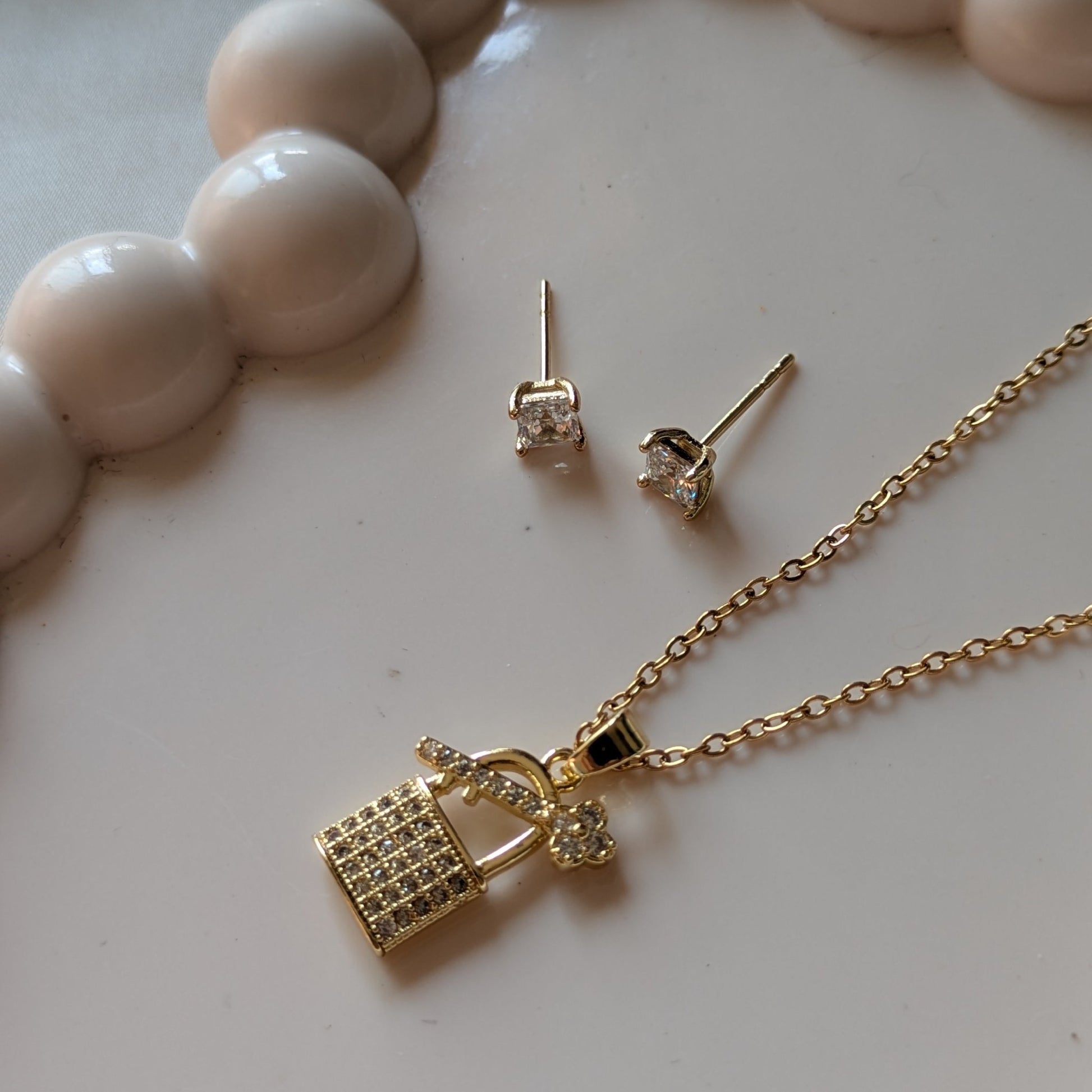 Lock & Key Necklace and Square Solitaire stud 18k plated gold set - minimae - Set