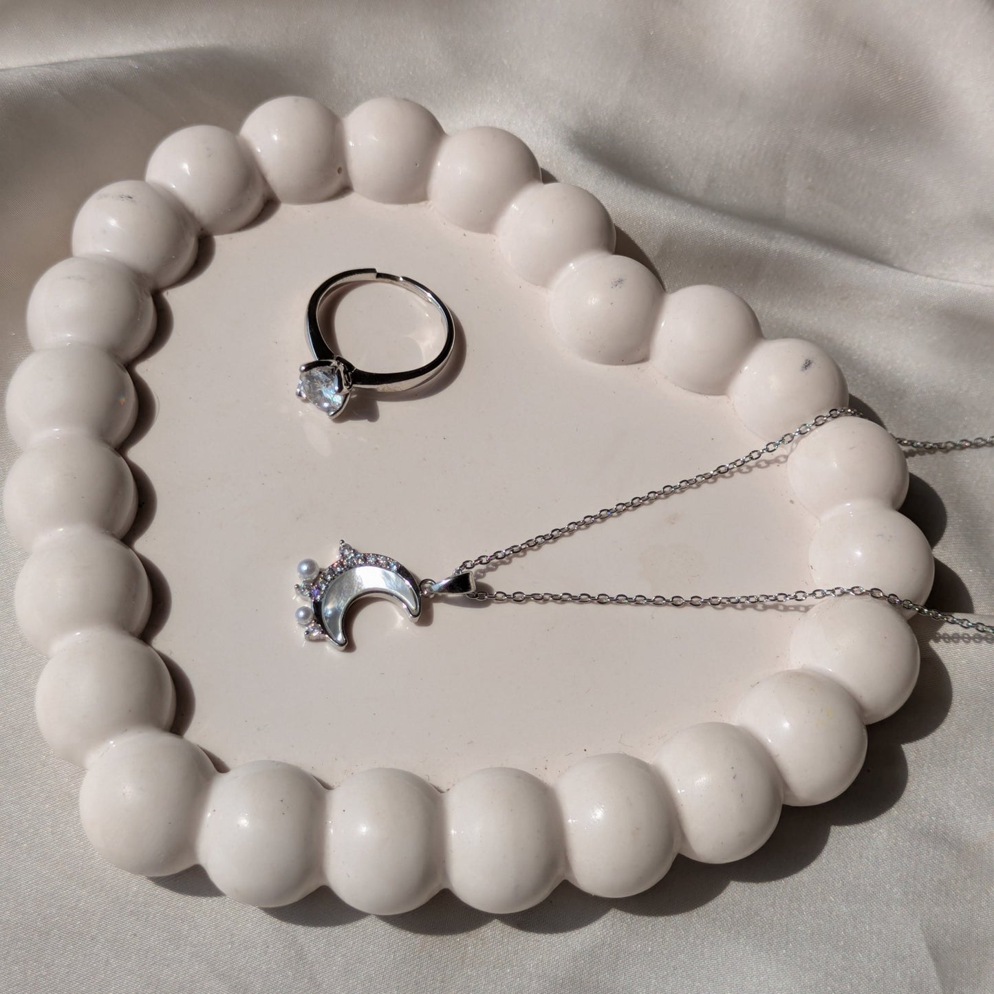 Moonlit Solitaire Adjustable Ring And Crescent Silver Moon Necklace set - minimae - Set