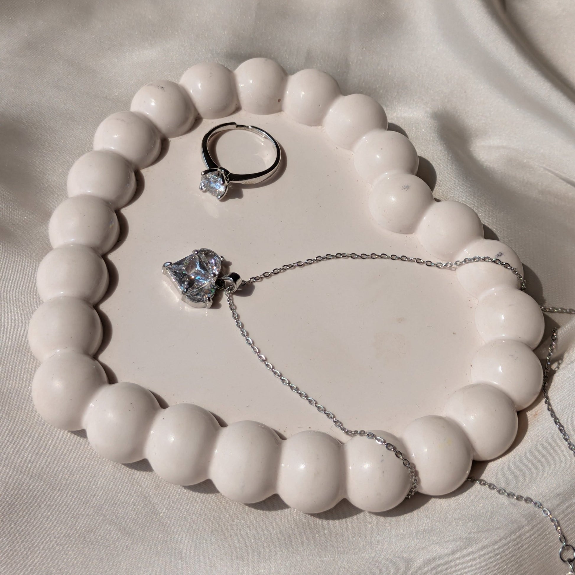 Moonlit Solitaire Adjustable Ring And Crystal Heart Necklace set - minimae - Set