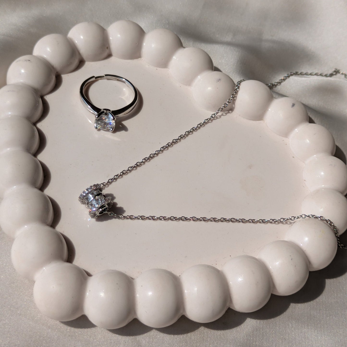 Moonlit Solitaire Adjustable Ring And Silver Barrel Necklace set - minimae - Set