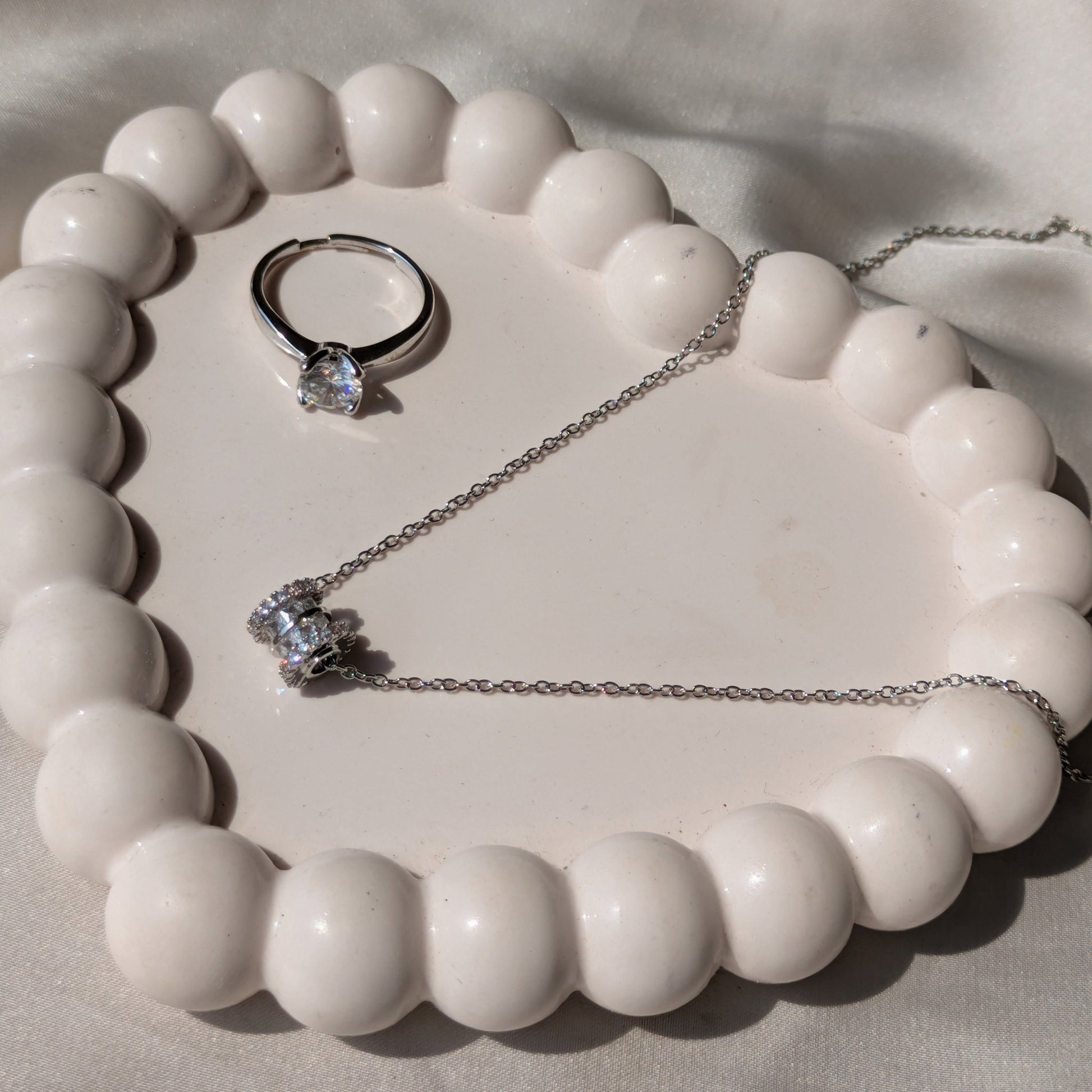 Moonlit Solitaire Adjustable Ring And Silver Barrel Necklace set - minimae - Set