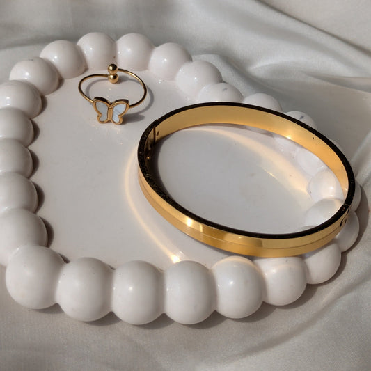 Starlace Gold Cuff Bracelet And Golden 18k Plated Butterfly Adjustable Ring set - minimae - Set