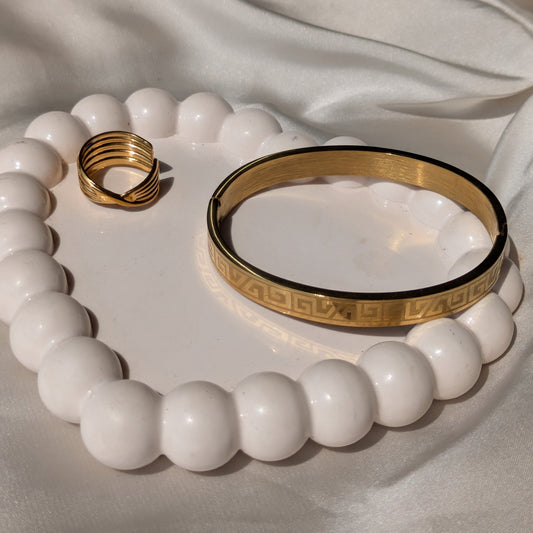 Twist Shine 18k Gold Plated Statement Adjustable Ring And Sunbloom Gold Cuff Bracelet set - minimae - Set