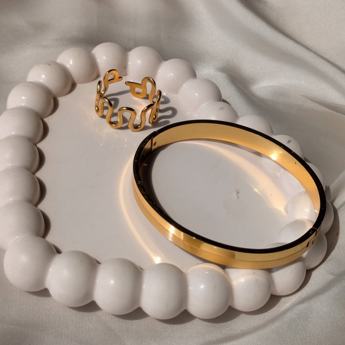 Wavy 18k Gold Plated Adjustable Ring And Starlace Gold Cuff Bracelet set - minimae - Set